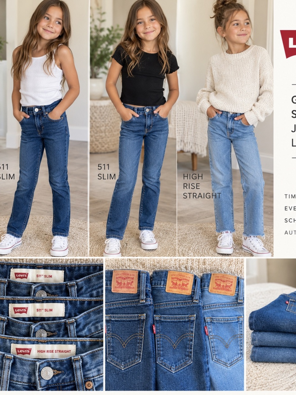 Levi’s Girls Jeans Size 8 Lot of 3, 511 Slim High Rise Straight Blue Denim